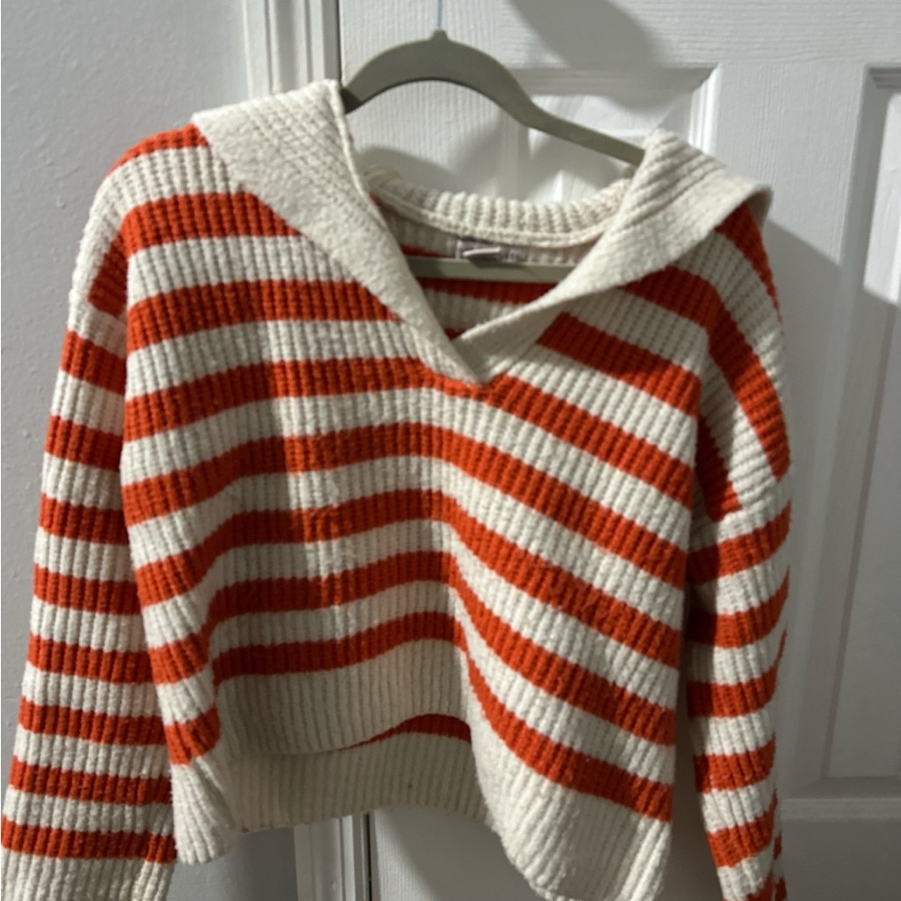 Sincerely Jules Orange and White Striped V-Neck Sweater